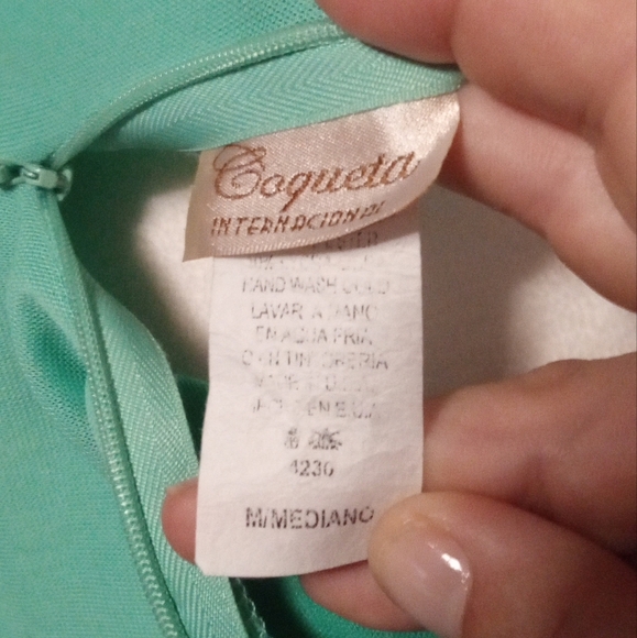 Coqueta International Seafoam Green Draped Shoulder Beaded Waist Gown Medium - Picture 7 of 7